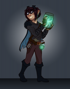 Blaire is a short, tan-skinned young woman with shaggy dark hair, glowing light purple eyes, and horns. She wears dark clothes with a short, feathered cape, and is holding a large jar containing a glowing spirit. She has a huge, toothy grin on her face.