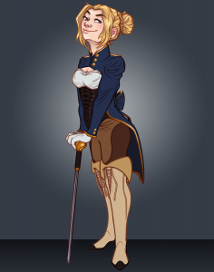 Minx is a tall, blonde, pale woman, dressed in well-tailored and expensive clothes. She leans both hands on a walking cane and has a smug, self-satisfied expression on her face.