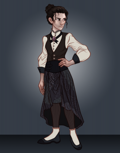 Myra is a pale woman with dark, curly hair pulled into a bun. Her clothes are Victorian-inspired and in muted, dark tones. She has a serious expression on her face.