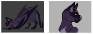Description: Two drawings of a cat-sized creature that is a cross between a cat and a bat. It has dark purple fur, bat-like wings, a smooshed bat-like nose, and a third eye on its forehead.